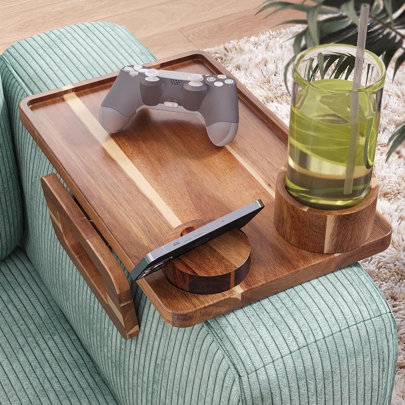 Danfoxer 3 in 1 Acacia Wood Couch Arm Tray,Couch Tray with Cup Holder and Phone Holder,Folding Sofa Armrest Trays Clip-On Sofas Desk for Drinks,Snacks,Phone,Remote Control - Image 2